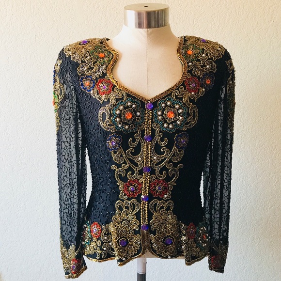 Black Tie Tops - Black Tie Beaded Vintage Formal Top